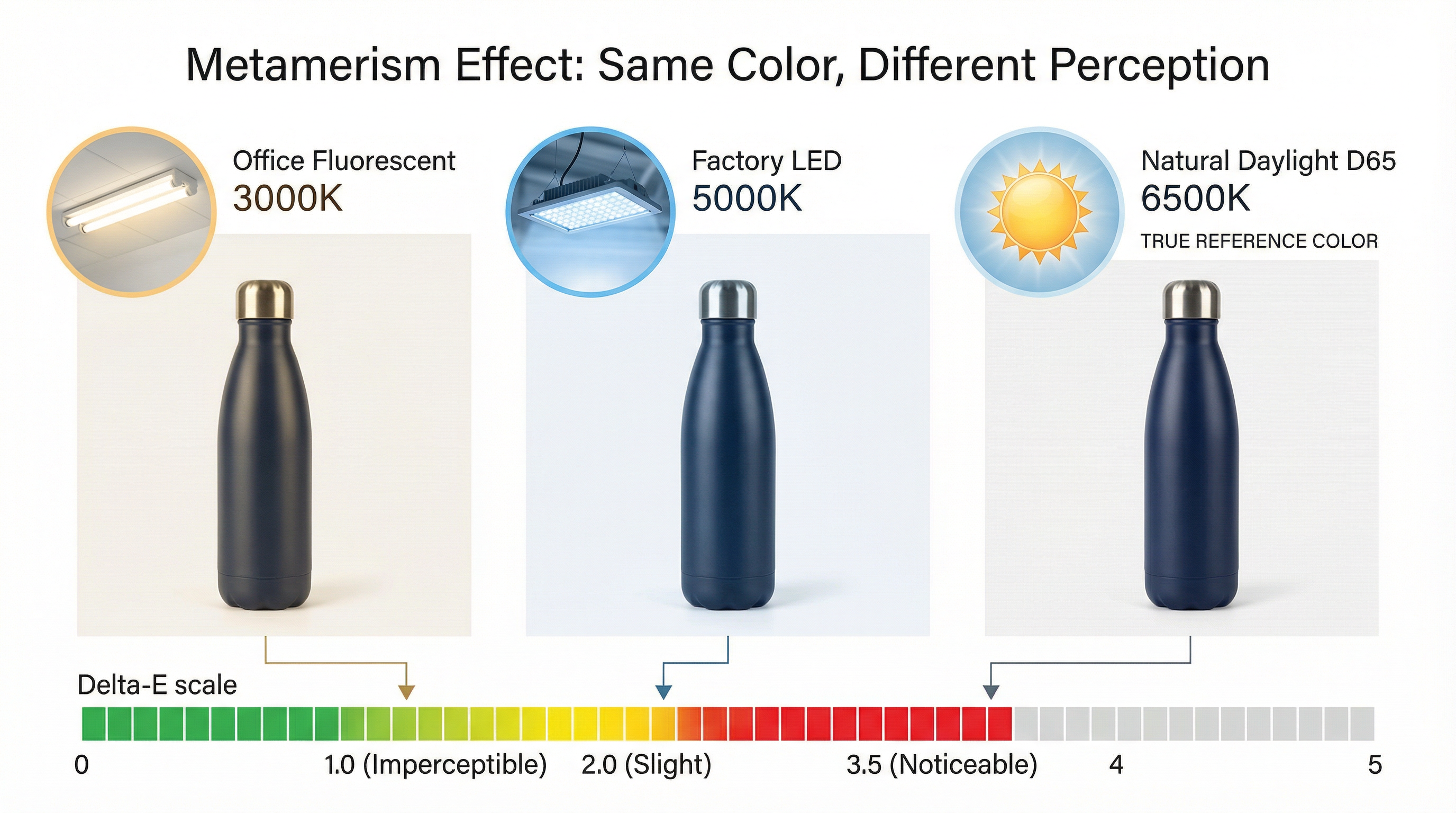Comparison showing how the same custom drinkware color appears different under various lighting conditions including office fluorescent, factory LED, and natural daylight