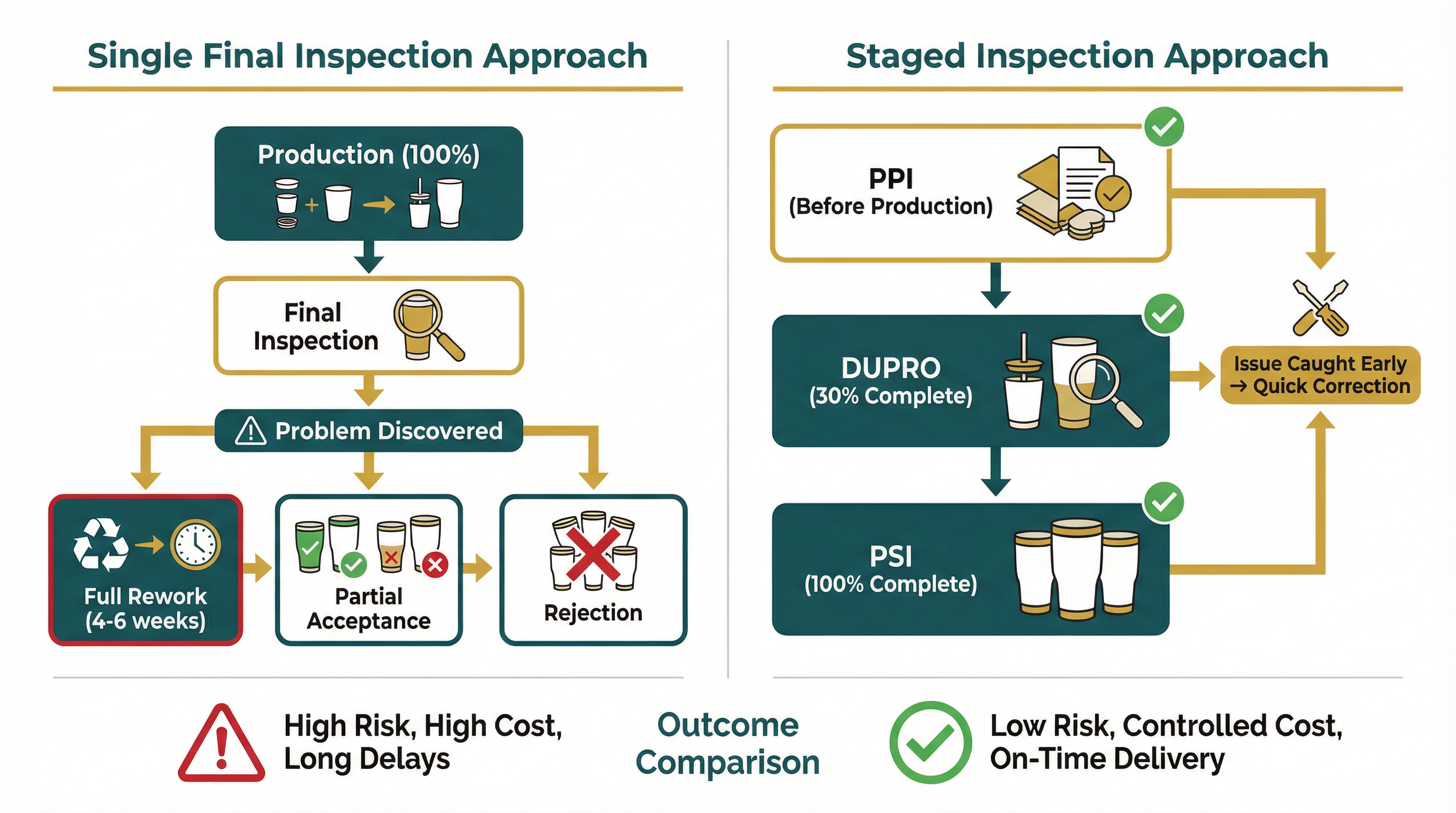 Comparison of single final inspection approach versus staged inspection approach showing different outcomes for custom drinkware quality control