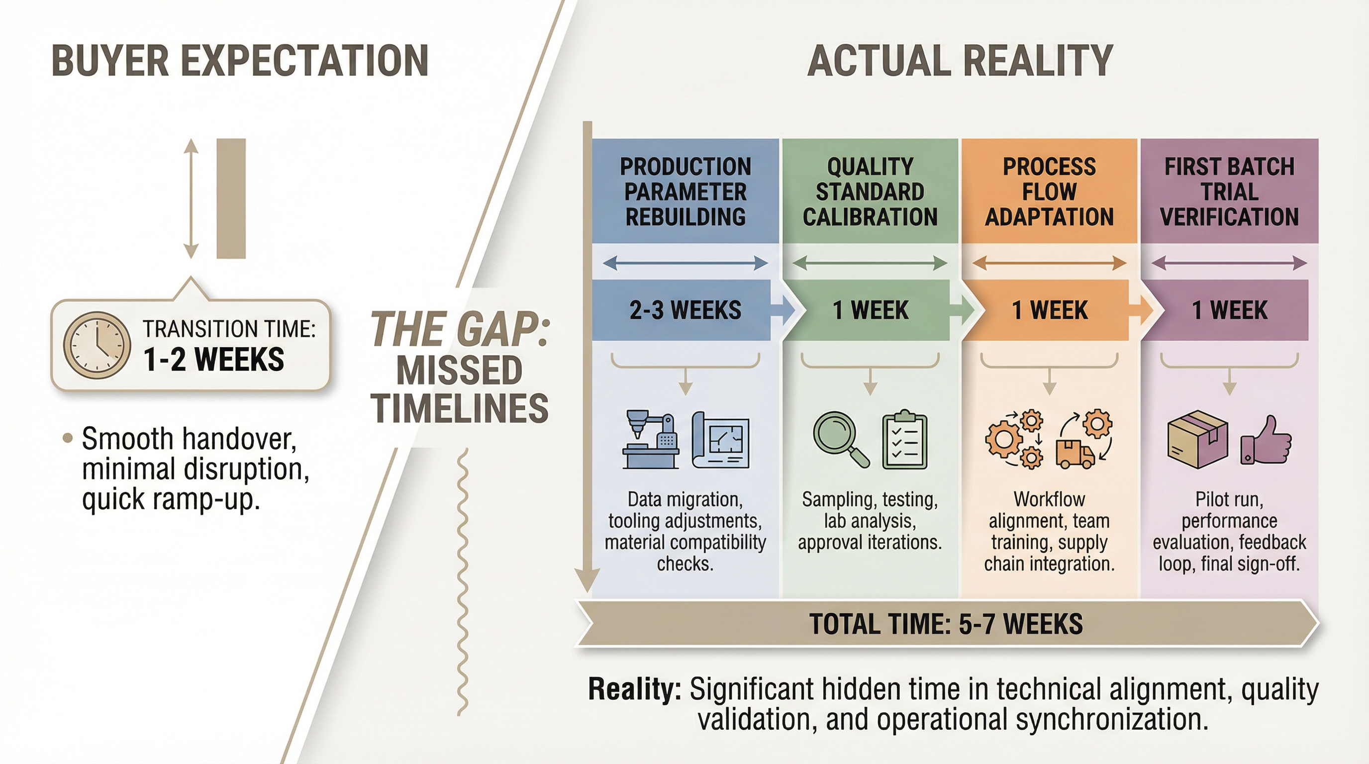 Comparison diagram showing buyer-expected versus actual supplier switching time, with buyer expecting 1-2 weeks but actually requiring 5-7 weeks, including four stages: production parameter rebuilding, quality standard calibration, process flow adaptation, and first batch trial production verification