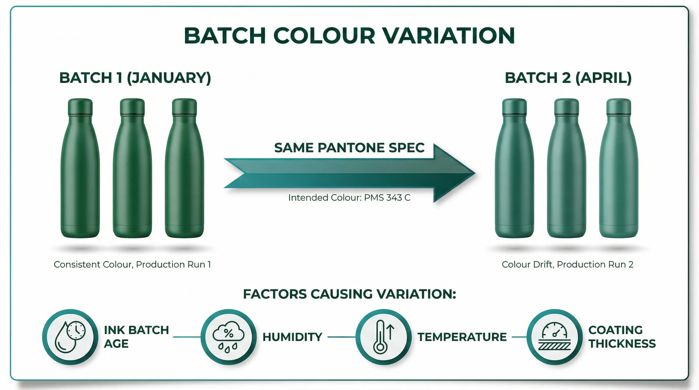Diagram showing batch colour variation between January and April production runs of custom stainless steel bottles, illustrating how the same Pantone specification can produce visible colour drift due to factors like ink batch age, humidity, temperature, and coating thickness