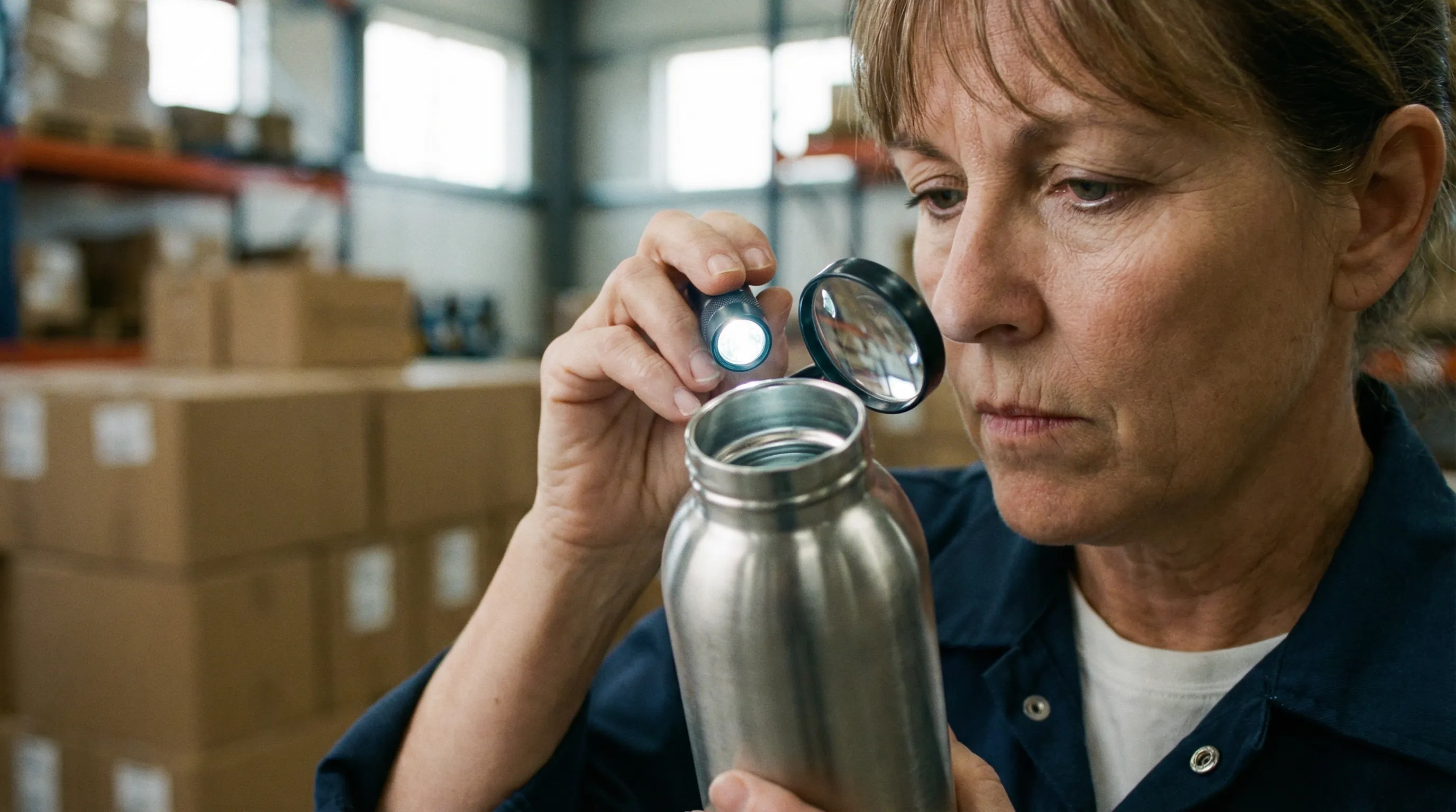 Quality control inspector examining internal weld seams of stainless steel bottles