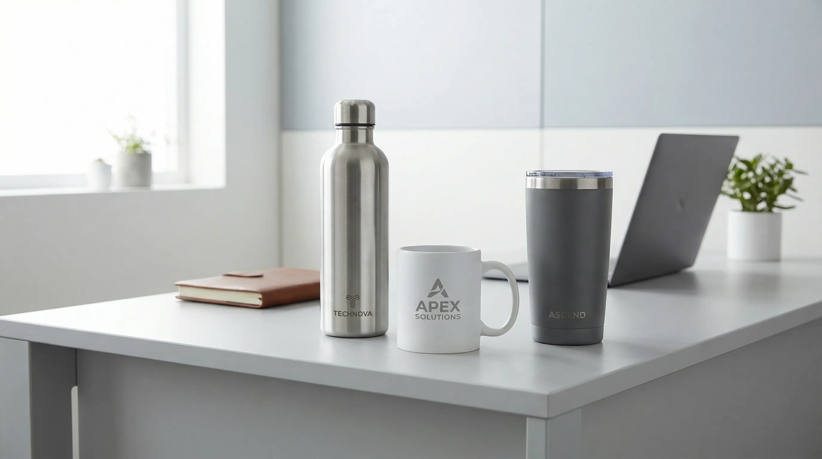 Custom branded corporate drinkware including stainless steel bottles, ceramic mugs, and thermal tumblers on modern office desk