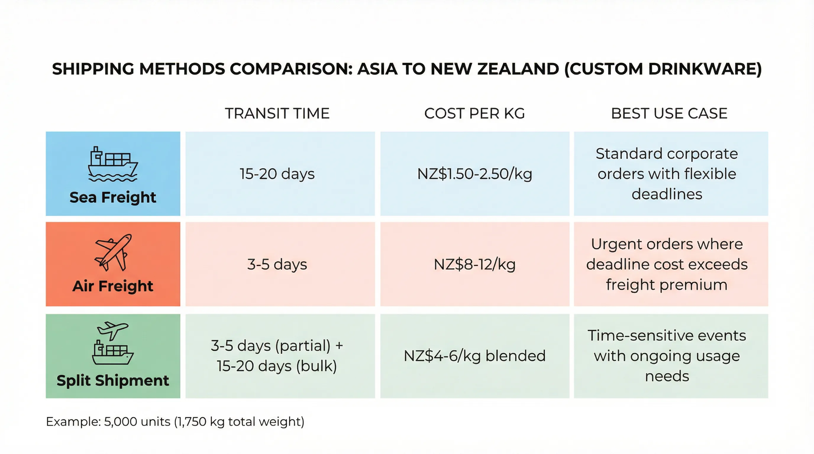 Cost-benefit comparison matrix of sea freight, air freight, and split shipment methods from Asia to New Zealand