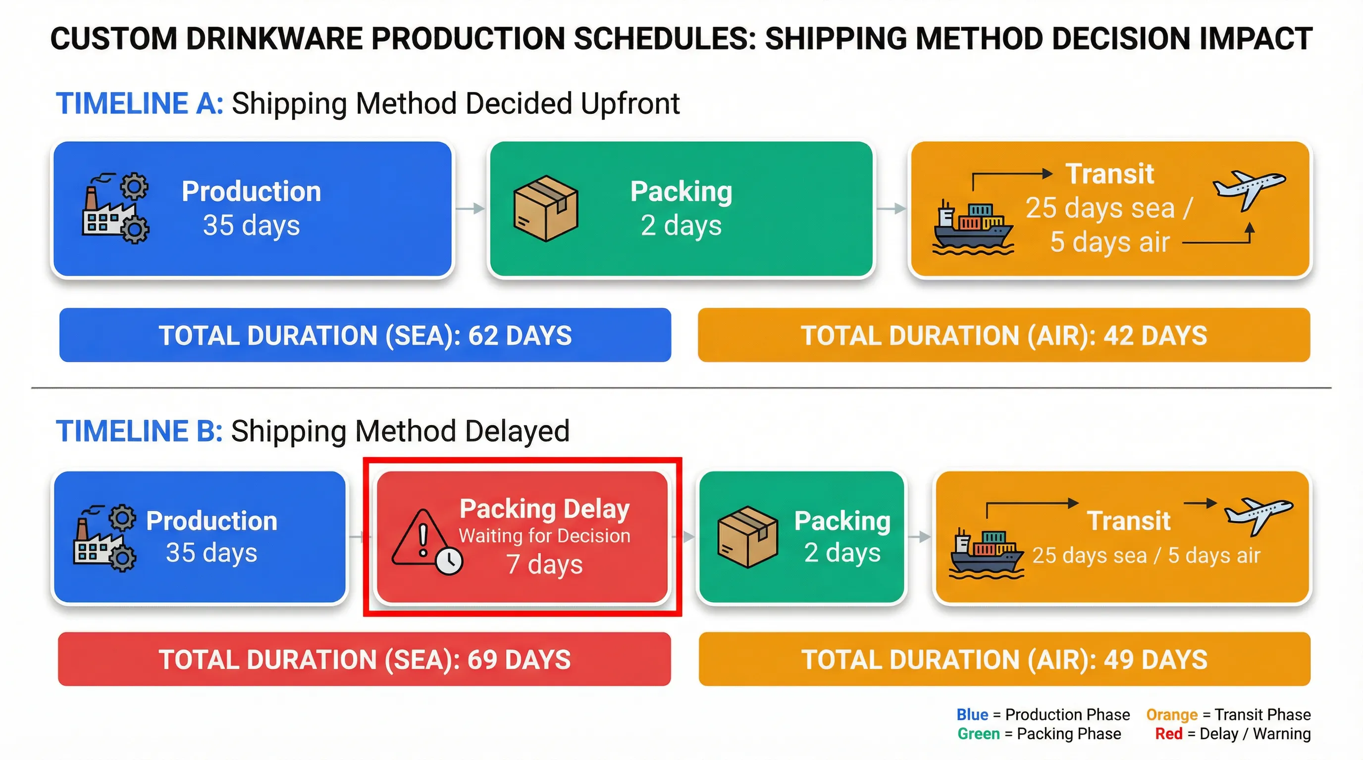 Timeline comparison showing how delaying shipping method decisions adds hidden packing delays to custom drinkware production schedules