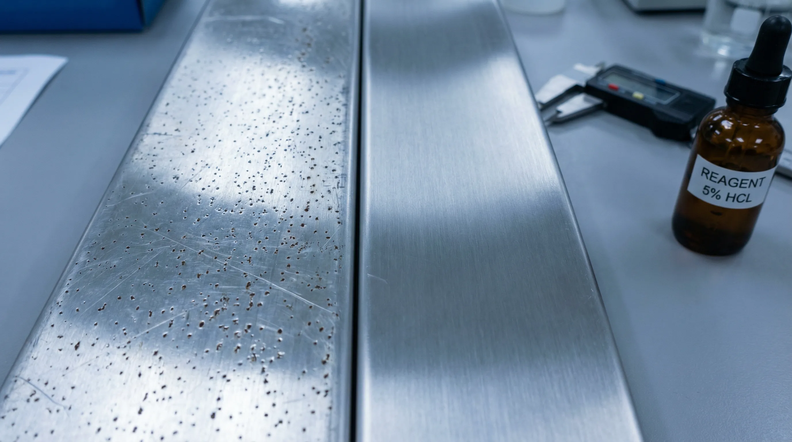Macro comparison of 304 and 201 stainless steel surfaces showing corrosion resistance differences